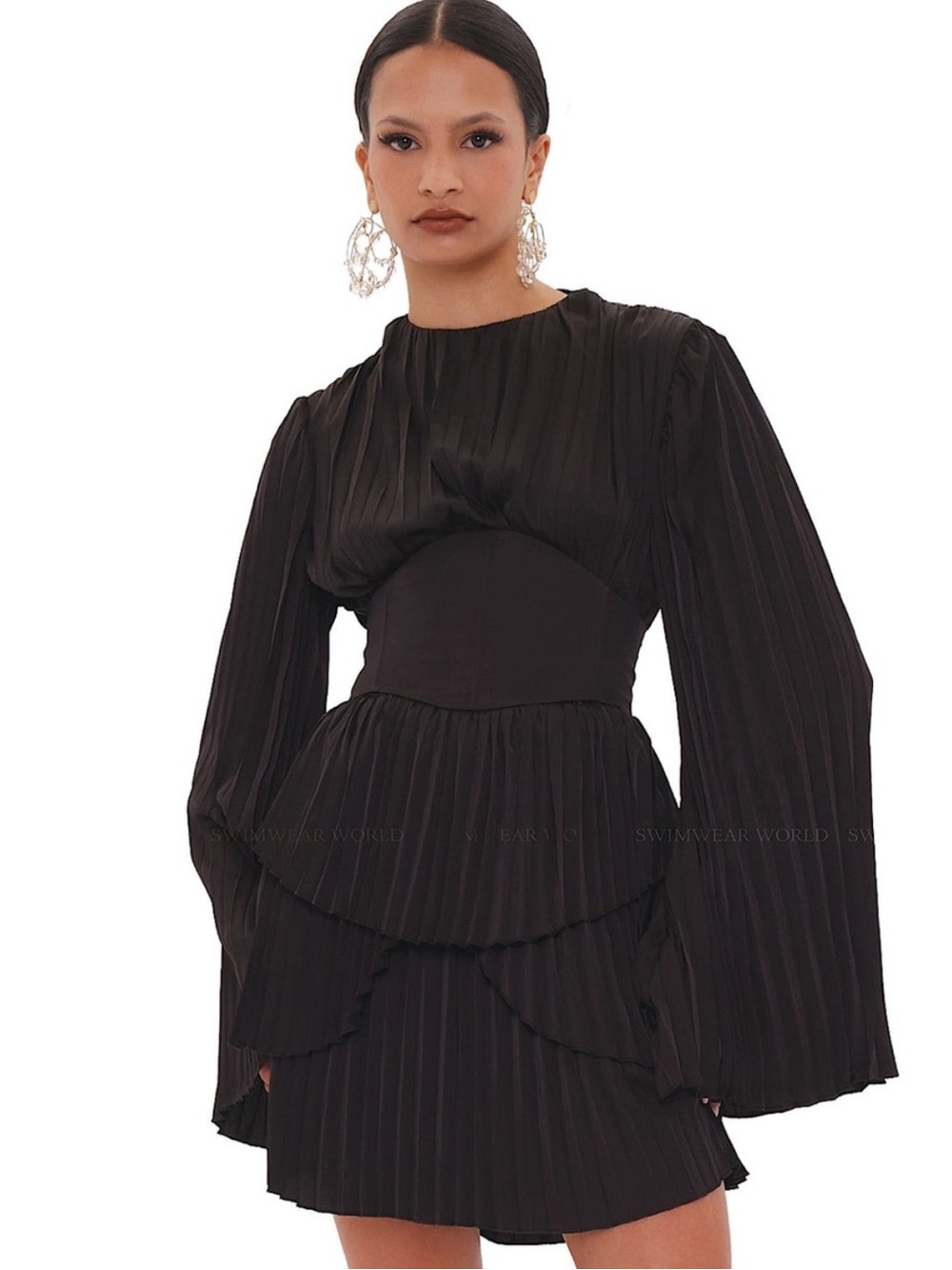 ANDREA IYAMAH Black Pleated Long-Sleeve Mini Dress